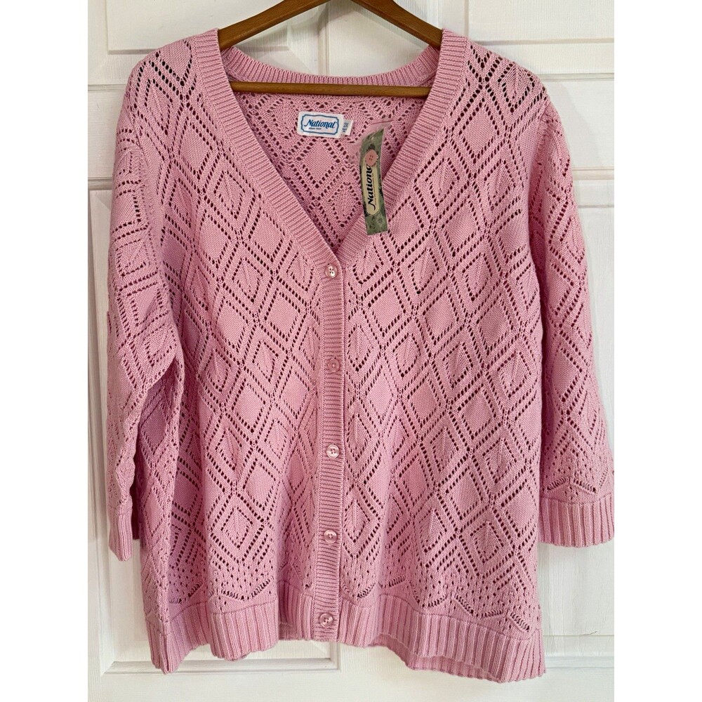 National Pink Open-Knit Argyle Diamond V-Neck Button Cotton Cardigan 2X